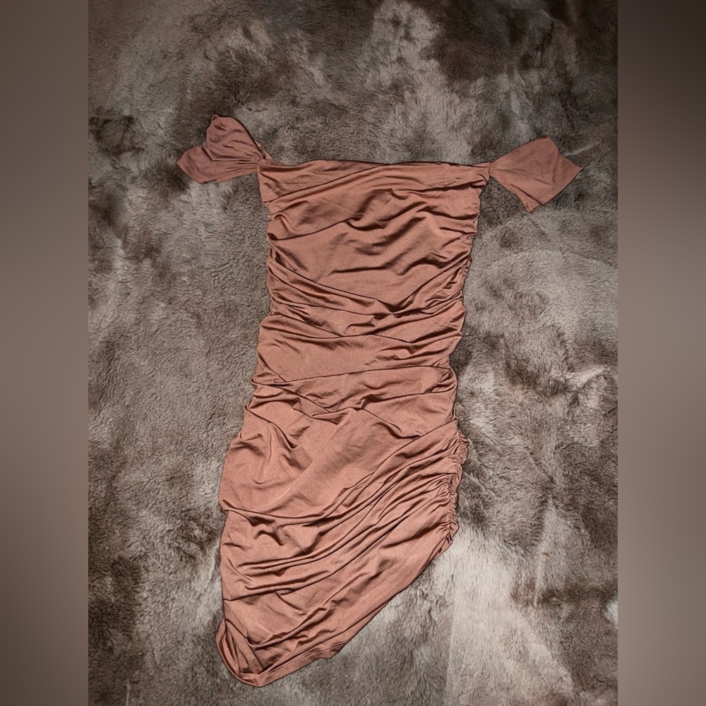 Taupe Elora Ruched Off The Shoulder Dress